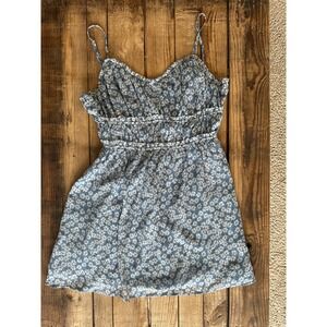 Storia Blue Floral Daisy Mini‎ Dress Lace Up Back Smocked Waist Large Feminine
